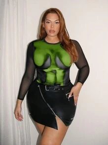 SHEIN SXY Plus Size Women Body Morph Figure Graphic Contrast Mesh Long Sleeve Sexy Tee, For Concert Party, Club, Birthday, Valentine Day, Bachelorette Party, Spring