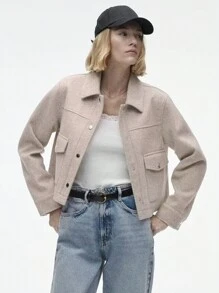 TRAFZA Women's Autumn Jacket, Fashion 3D Front Pocket Button Long Sleeve Coat, Elegant Women's Casual Jacket - Apricot - View 4