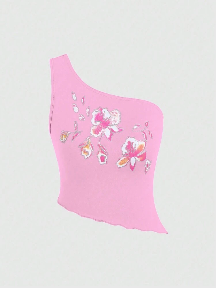 Floral Print One Shoulder Asymmetrical Hem Crop Top For Summer