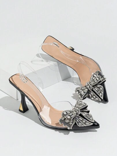 Women Rhinestone Bow Detail Decor Pointed Closed Toe Back Strap Ankle PVC Clear High Heels, Stylish For Prom, Party, Fashion Match Wedding, Spring And Summer Season, Black Valentines,Elegant,Women Pumps,Elegant