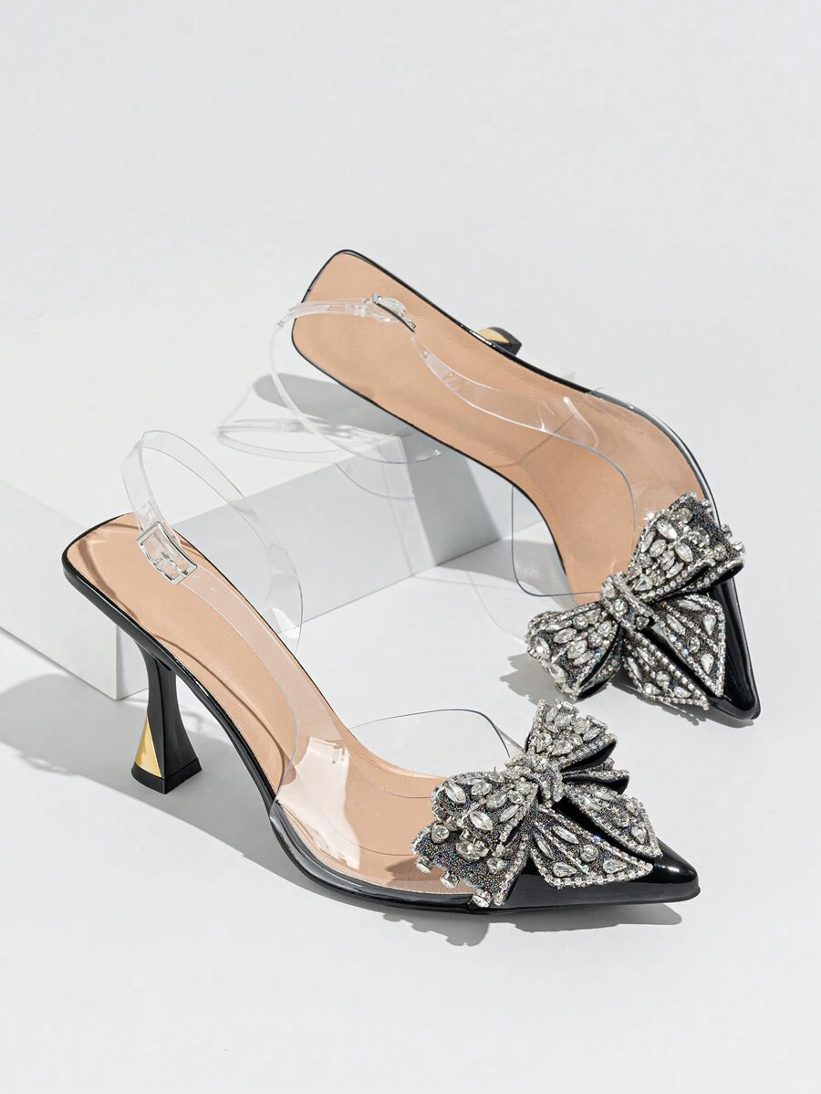 Tacones altos de PVC transparente con detalles de lazo de strass, puntera cerrada y correa en el tobillo, elegantes para baile de graduación, fiesta, combinar con atuendos de boda, primavera y verano, negros para San Valentín, elegantes, bombas de mujer
