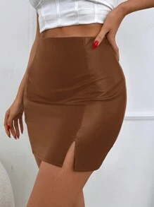 Split Hem PU Skirt - Coffee Brown - View 4