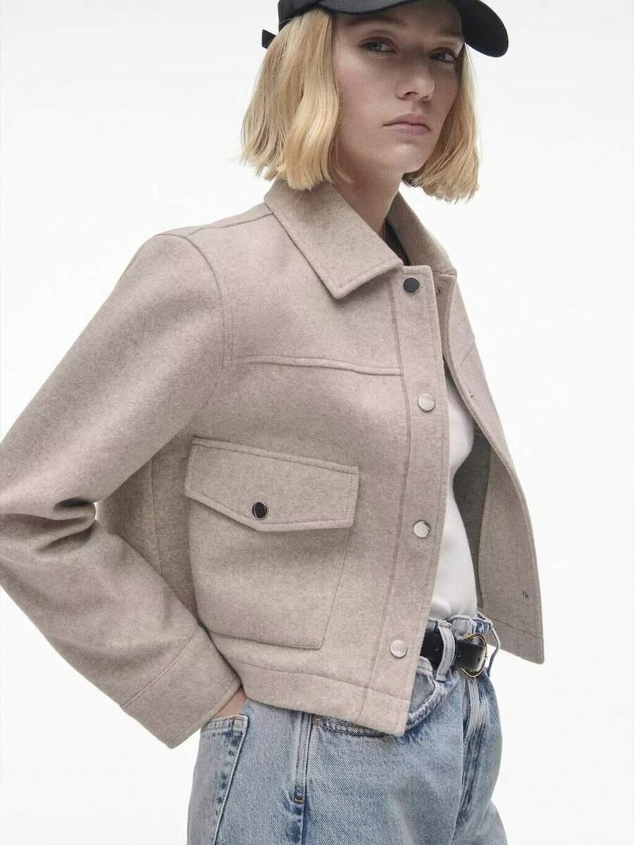 TRAFZA Women's Autumn Jacket, Fashion 3D Front Pocket Button Long Sleeve Coat, Elegant Women's Casual Jacket - Màu be - Xem 1