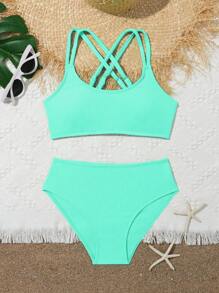 Set de bikini pentru fete Tween, două piese, curea de umăr, costum de baie încrucișat, primăvară, vară, culoare fluorescentă, costum de baie, vară, plajă