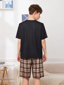 SHEIN Teen Boy Cartoon Pattern Short Sleeve T-Shirt And Plaid Shorts Summer Pajama Set 2 Pieces