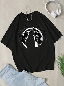 SHEIN EZwear 女性簡約印花圓領短袖夏季T恤 - 黑色 - 查看 3