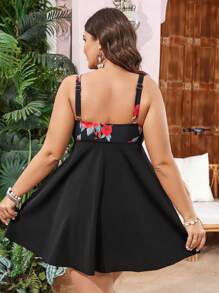 Swim Lushoire 大尺碼女性花卉印花成熟風格2件式泳裝 - 黑色 - 查看 2