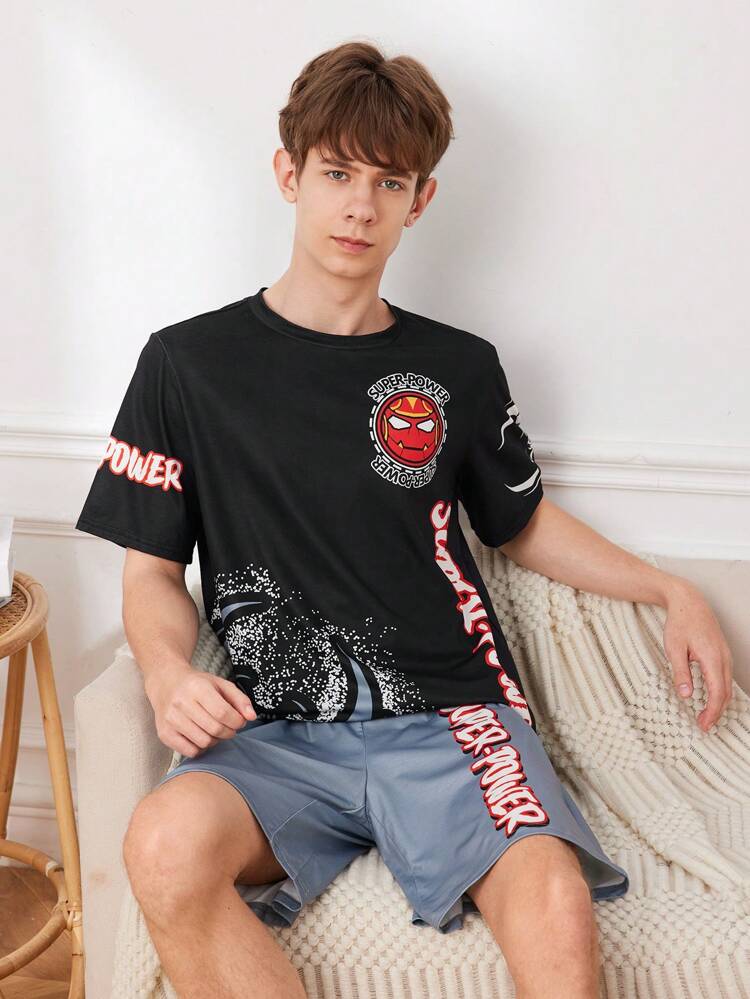 Teen Boy Two Pieces Set: Loose Fit Casual Sleepwear With Letter Pattern Round Neck Short Sleeve Top And Shorts