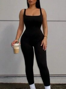SHEIN SXY Plus Size Women Solid Color Simple Jumpsuit - Black - View 1