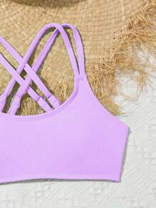 Tween Girl Bikini Set,Shoulder Straps Criss-Cross Ribbed Fluorescent Purple Mermaid Kids Swimming Beachwear,Summer Casual Holiday Beach Bikini Set - Mauve Purple - View 4
