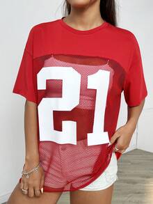 SHEIN EZwear 夏季數字印花寬鬆T恤，網眼拼接，隊伍設計