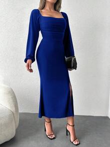 EURMUSE Long Sleeve Flounced Hem Slit Dress - Navy Blue - View 4