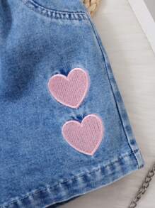 SHEIN Young Girl Casual And Cute Heart-Shaped Embroidery Colorful Button Details Denim Shorts For Daily Wear - Medium Wash - View 4