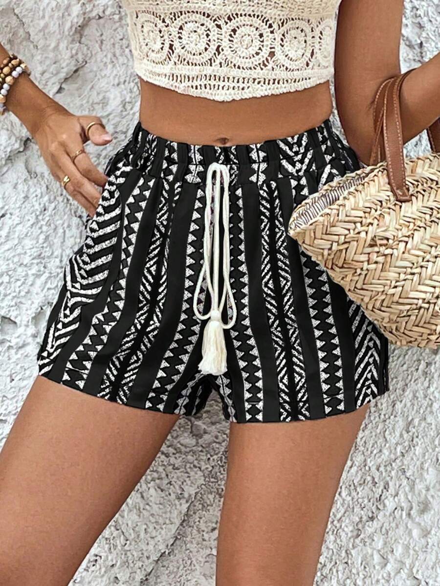 SHEIN Frenchy Women'S Geometric Pattern Shorts Chic Black Summer