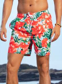 Surfspeed Men Tropical Printed Drawstring Waist Summer Holiday Beach Shorts - Red - View 1