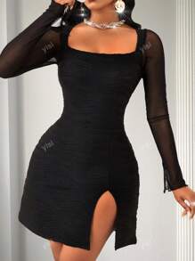 Women's Sexy Y2k Shrink Drawstring V-Neck Fold Tight T-Shirt Version Front Buckle Side Slit Dress