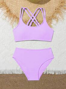 Tween Girl Bikini Set,Shoulder Straps Criss-Cross Ribbed Fluorescent Purple Mermaid Kids Swimming Beachwear,Summer Casual Holiday Beach Bikini Set - Mauve Purple - View 3