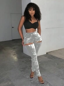 Slaydiva Pantalon  synthétique élastique moulant réfléchissant sexy et creusé à la taille haute pour fesses en forme de pêche