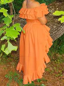 Women Fashionable Ruffled Off-Shoulder Top - Orange - View 2