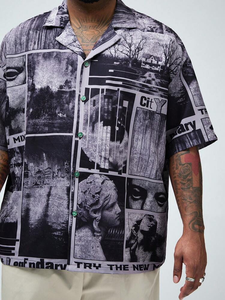 Men Plus Size Patchwork Printed Casual Short-Sleeve Shirt