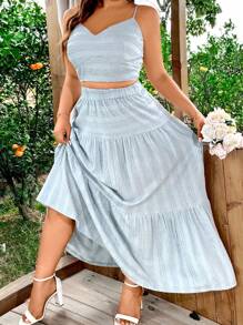 SHEIN LUNE Plus Size Textured Fabric Cami Top & Skirt - Blue - View 3