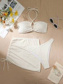 Swim SXY Vacation Solid Textured Separates Bikini Set 3-Piece Set,Summer Beach - White - View 3
