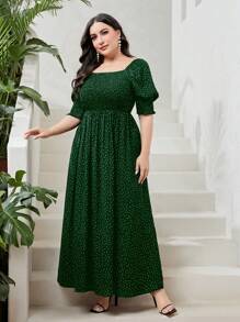 Modelyn 大码女式夏季度假风格印花方领短款泡泡袖长款优雅连衣裙 - 綠色 - 查看 4