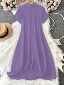 SHEIN Clasi Plus Size Summer Casual Elegant Personalized Faux Pearl-Beaded Shirt Dress - Purple - View 2