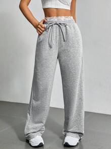 SHEIN EZwear 夏季基礎款深灰色束腰短褲，腰間有蕾絲細節 - 灰色 - 查看 3