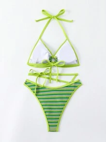 SHEIN Swim Ensemble de bikini d'été pour femmes, maillot de bain avec col ras-du-cou rayé et ajouré, pour vacances à la plage - Vert - Voir 2