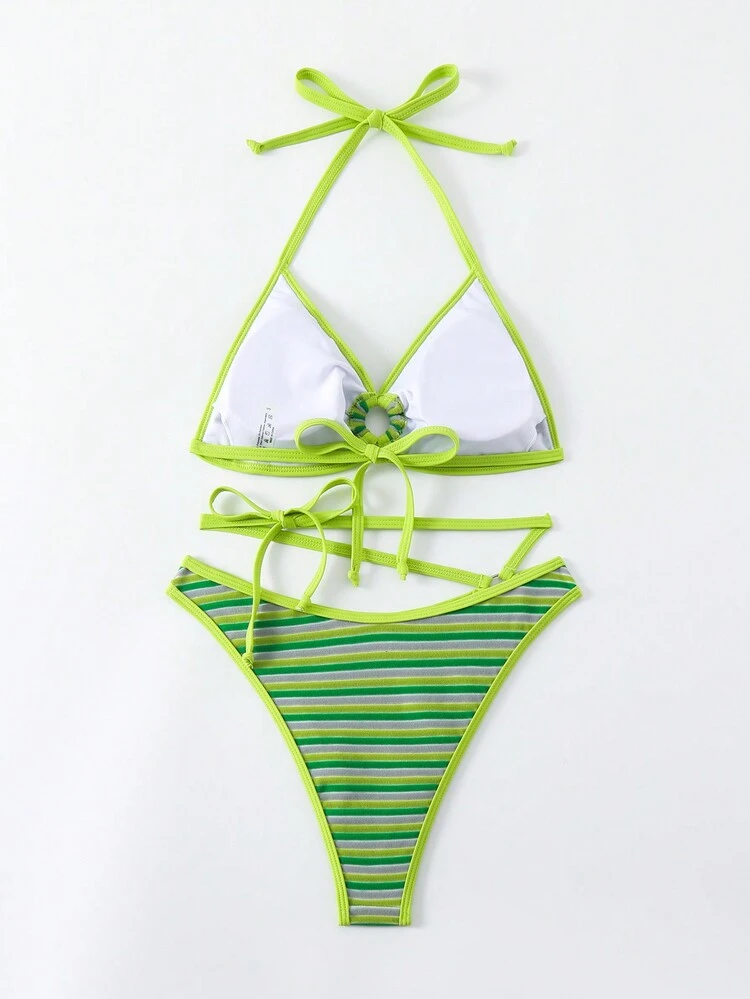 Women Striped Hollow Out Halter Neck Beach Vacation Bikini Swimwear Set Summer