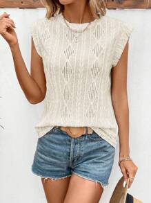 SHEIN LUNE Round Neck Knitted Jacquard Pullover T-Shirt - Apricot - View 6