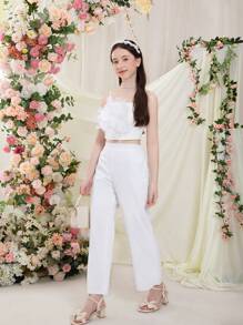 Teen Girl Spring/Summer Wedding Banquet Solid Color 3D Flower Decorated Strap And Wide Leg Pants Two-Piece Set - White - View 5