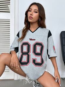 StreetHx Colorblock Loose Fit Casual T-shirt med ribbad krage - Ljusgrå - Visa 5