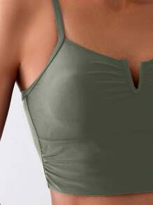 SHEIN Swim Đồ bơi nữ mùa hè màu trơn cổ chữ V xếp ly, áo và quần, đồ bơi đi nghỉ - xanh quân đội - Xem 4