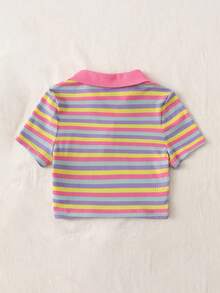 SHEIN EZwear 女士大尺碼彩虹條紋拼接撞色polo領短袖T卹，夏季日常休閒款 - 彩色 - 查看 2