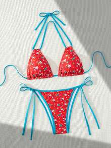 SHEIN Swim 假日小碎花拼色两件套比基尼套装文胸和比基尼套装下装比基尼套装适合夏季海滩 - 彩色 - 查看 4