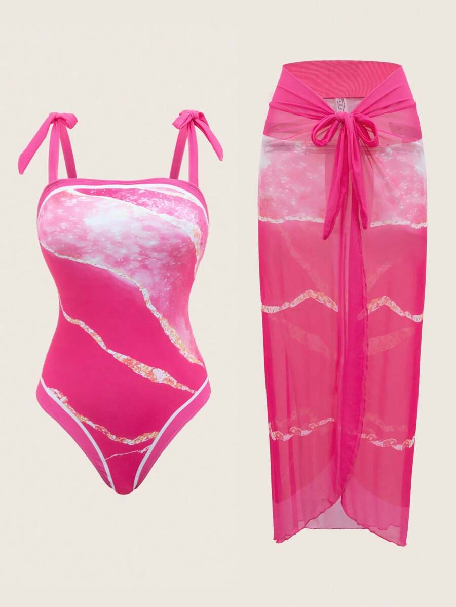 Swim Oasis 夏季海灘女士印花肩帶沙灘套裝，包括一件式泳衣和防曬裙 - 彩色 - 查看 1