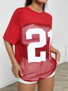 SHEIN EZwear 夏季數字印花寬鬆T恤，網眼拼接，隊伍設計