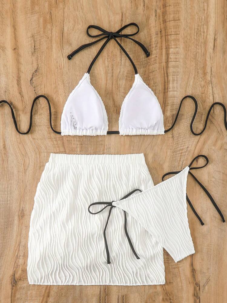 Women Halter Neck Texture Bikini Set With Cover Up Skirt For Summer Beach Vacation