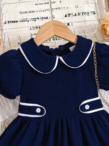 年轻女孩彼得潘领泡泡袖简约连衣裙 - 藍色 - 查看 6