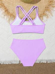 Tween Girl Bikini Set,Shoulder Straps Criss-Cross Ribbed Fluorescent Purple Mermaid Kids Swimming Beachwear,Summer Casual Holiday Beach Bikini Set - Mauve Purple - View 2