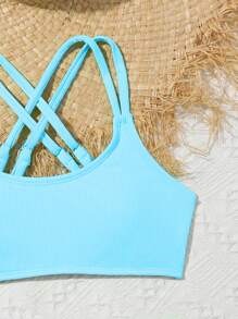SHEIN Tween Girl Bikini Set, Shoulder Strap Criss-Cross Stripe Bikini Set, Fluorescent Color For Spring And Summer Summer Beach Kids Swimming ,Kids Beachwear - Baby Blue - View 4