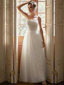 Women Sparkling Spaghetti Strap Wedding Dress With Contrast Mesh - White - View 1