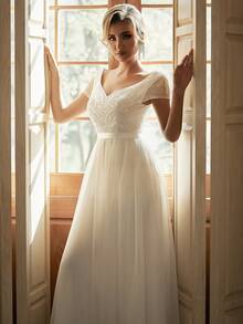 Sweetheart Neck Contrast Sequin Lightweight And Breathable Mesh Maxi Wedding Dress - White - View 5