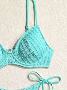 SHEIN Swim 女士纯色比基尼套装带胸罩和肩带泳裤适合度假装，2 件套夏季 - 綠色 - 查看 5