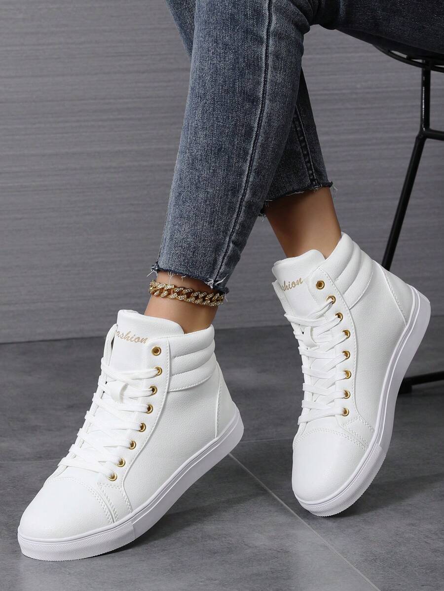 Giày thể thao cổ cao buộc dây in chữ tối giản cho nữ, giày thể thao phối màu unisex cho cặp đôi