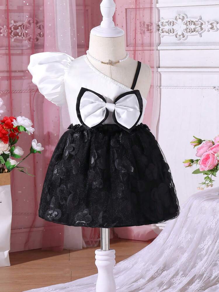 Baby Girls' Fashionable Glamorous Bowknot & Mesh Splice Asymmetrical Collar Dress For Spring/Summer