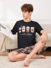 SHEIN Teen Boy Cartoon Pattern Short Sleeve T-Shirt And Plaid Shorts Summer Pajama Set 2 Pieces