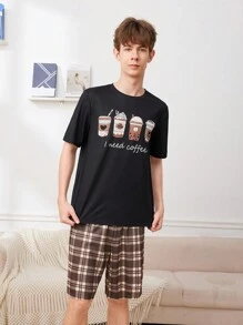 SHEIN Teen Boy Cartoon Pattern Short Sleeve T-Shirt And Plaid Shorts Summer Pajama Set 2 Pieces
